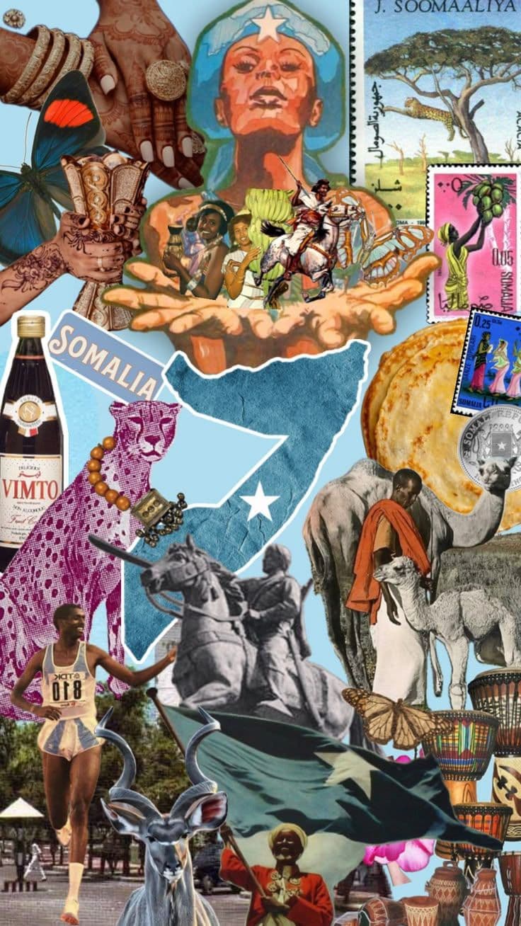 A collage of Somali heritage: the flag and the map of Somalia, henna, stamps of the Somali Republic, camels, drums and a Somali runner